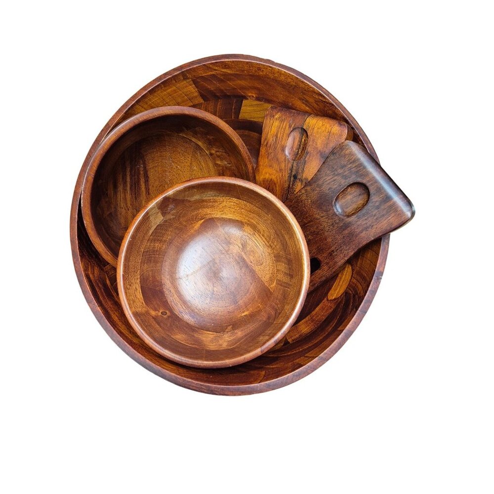 Lipper International Wooden Salad Bowl Set With Serving Forks - 4 Piece Acacia W